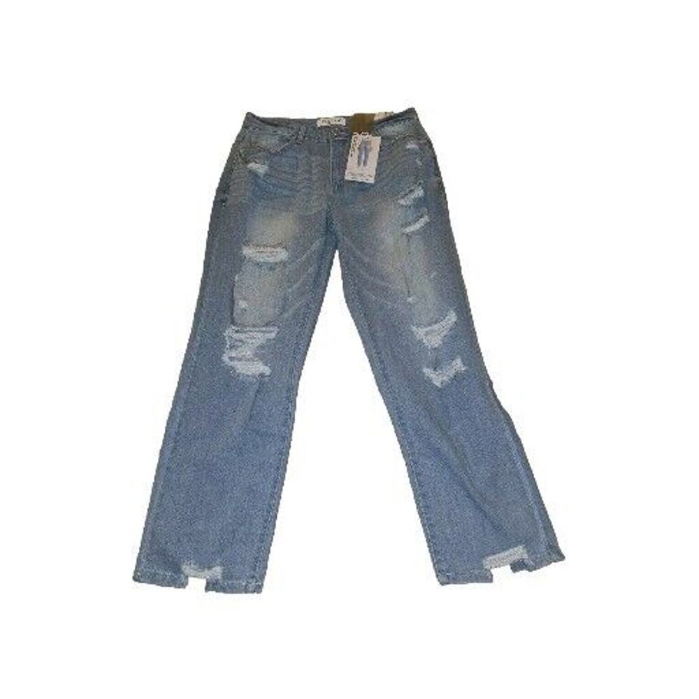 Enjean Women's Juniors Size 9 Blue Girlfriend Jeans Distressed Stretch Denim NWT